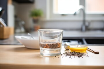 dark chia seeds soaked in a glass of water - obrazy, fototapety, plakaty