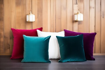velvet throw pillows in jewel tones on a dark wooden background