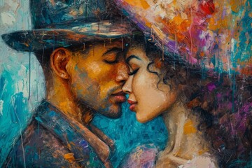 painting of a dark-skinned couple kissing, very colorful