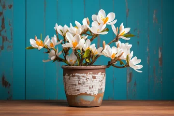 Fototapeten bright white magnolia blooms in a rustic pot © Alfazet Chronicles