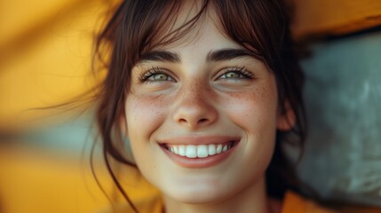 portrait of young woman with radiant smile, freckles, shining eyes