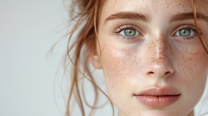 Close-up of the face of a young woman with freckles, red hair, full lips and green eyes, copy space