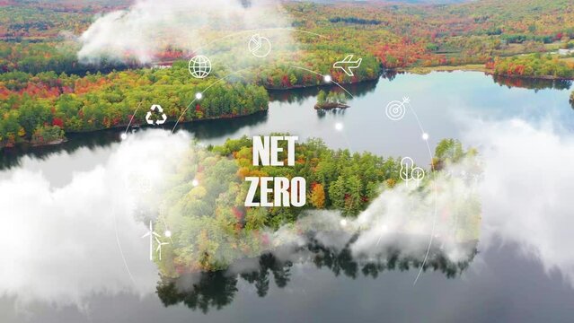 Net zero , carbon neutral concept. Net zero greenhouse gas emissions target. Green nature landscape with clouds.Long term strategy with net zero icon and poligonal icons on green forest background. 4k