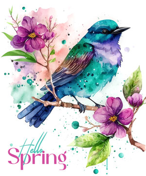 Hello spring bird watercolor paint