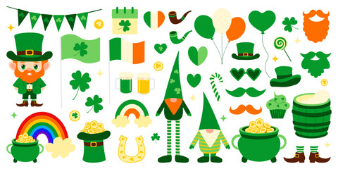 St. Patrick's Day set with leprechaun, gnomes, clover, hat, gold, shamrock, beer, balloons, flag Ireland, hearts, beard, smoking pipe.