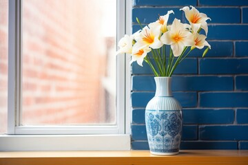 blue translucent vase with white lilies on a window sill