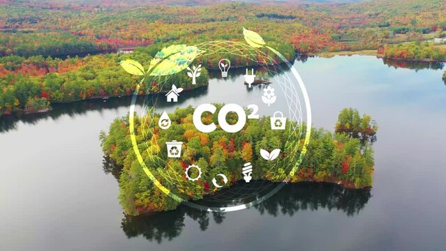 CO2 reduce emissions and carbon neutral concept.Green nature landscape. Sustainable development and green business based on renewable energy digital icons