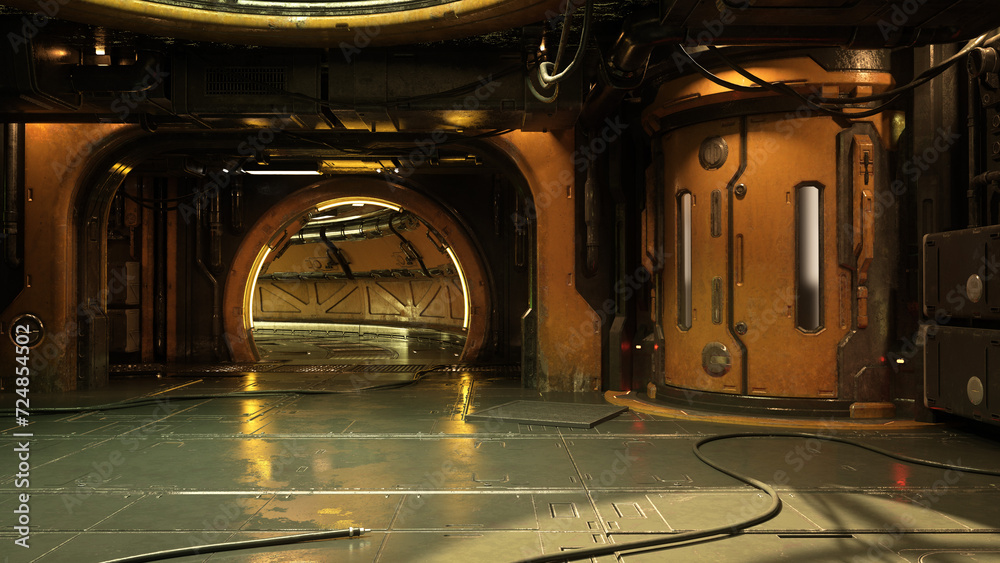 Poster fantasy future cyberpunk grungy underground tunnel environment. 3d rendering.