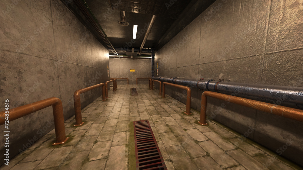 Poster empty corridor in the basement of an old industrial building. 3d rendering.