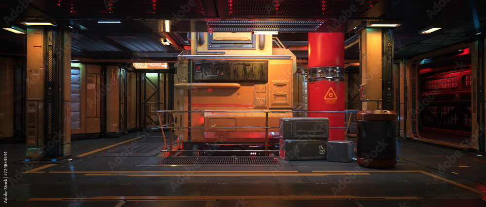 Poster panoramic 3d rendering of a futuristic fantasy space station or ship interior.