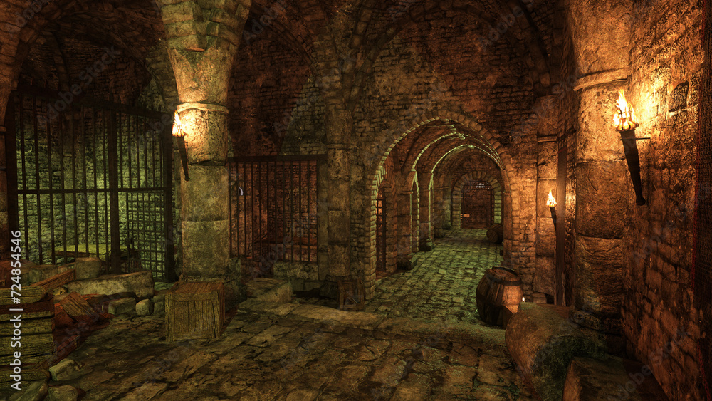 Aufkleber Dark gloomy dungeon corridor in an old medieval prison with empty jail cells. 3D rendering.