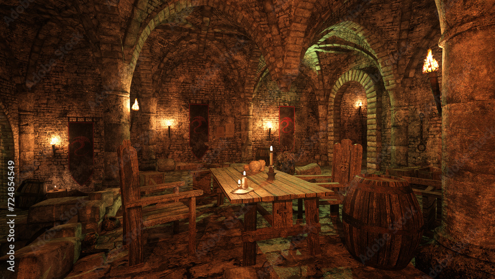 Poster wooden table and chairs in an ancient medieval dungeon lit by candle and torch light. 3d illustratio