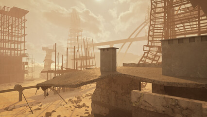 Remains of a destroyed building in a post apocalyptic future city. 3D illustration.
