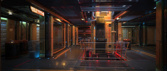 Wide cinematic 3D illustration of a fantasy future space station or spaceship interior. © IG Digital Arts