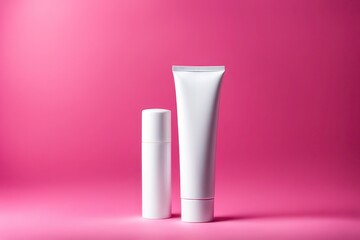 Photo of a white plastic cosmetic packaging tube pink background, studio photo style