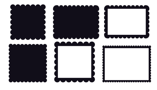 Scalloped edge border silhouette shapes, wavy borders isolated on white background. Scallop stamp, rectangle frame. 