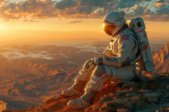 An adventurous astronaut in a white suit sits on a rough Martian cliff, contemplating the vast universe and alien landscapes in this artful space exploration illustration.