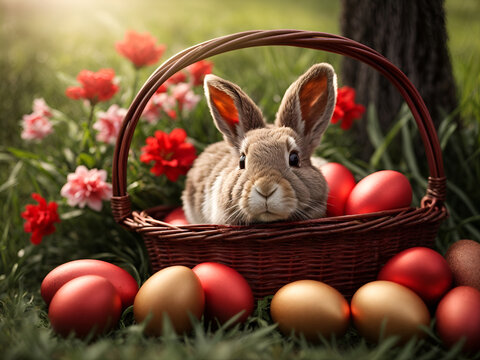 easter bunny sitting in basket with colorful dyed eggs spring nature landscape
