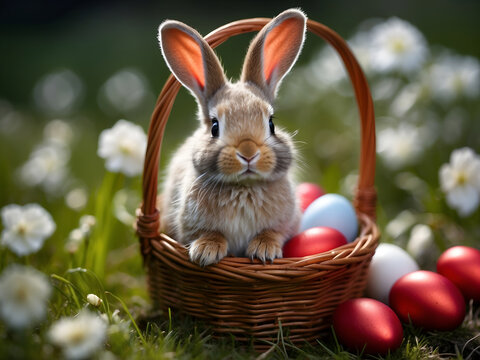 cute small bunny in basket with easter eggs blooming flowers and springtime nature background