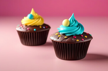 Chocolate muffins. Sweet cupcake on pink background. Sugar food with cute candy decor. Tasty pastry for birthday party. Bakery dessert menu, Product confectionery presentation sugar food