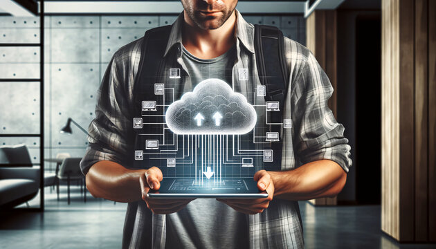 Cloud System, storage a programmer holding a computer tablet with a cloud computing drawing icon, symbolizing the concept of upload and download of information , Created by using generative AI tools	
