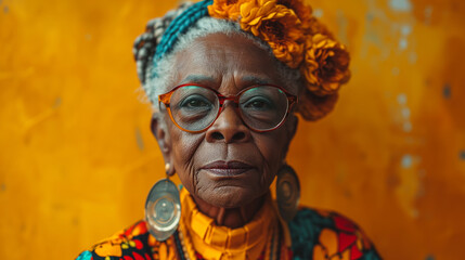 Golden Years Glow: Elderly Woman in Yellow Backdrop