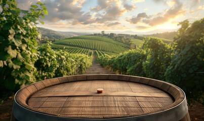Wooden wine barrel on a background with vineyards.