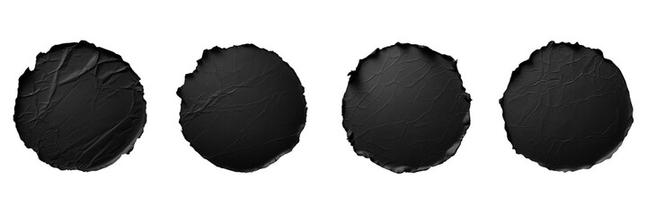 Set of A flat mockup of a blank black circular sticker with wrinkles, rips and folds, grunge on a Transparent Background