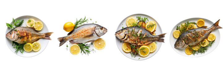 Set of A Fried bream fish with lemon on a Transparent Background - obrazy, fototapety, plakaty