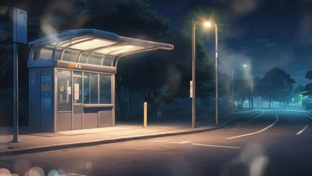 the bus stop is quiet at night, Cartoon or anime watercolor painting illustration style. seamless looping virtual video animation background.