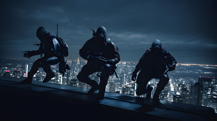 Thieves trying to break into a building with a city in the background