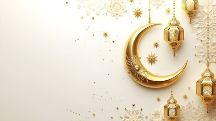 ramadan islamic greeting card of crescent moon decoration and lanterns with copy space area banner