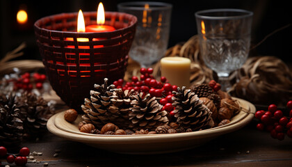 Winter celebration  candlelight, warmth, rustic decor, holly, and chocolate generated by AI