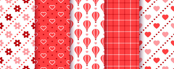 Valentine seamless pattern. Red backgrounds. Romantic textures with hearts, flowers, hot air balloon and check. Set cute retro prints. Love packing papers for scrap design. Vector illustration