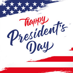 Happy Presidents Day greeting card with flag and brush stroke background. Holiday US, creative concept for banner. Vector illustration