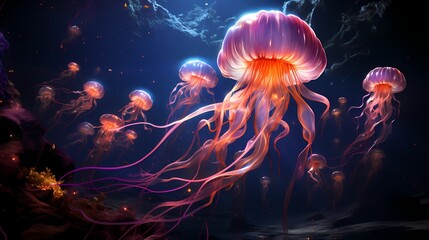 Obraz premium Bioluminescent jellyfish floating in a serene, muted underwater world, creating an ethereal dance of light against the calm depths