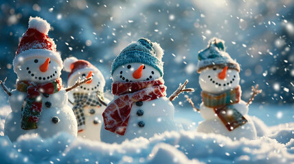 Snowman family in red hats and scarves standing in the snow on a sunny winter day