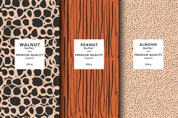 Vector illustration set of templates contemporary abstract cover and patterns for nuts butter packaging with labels. Minimal modern backgrounds