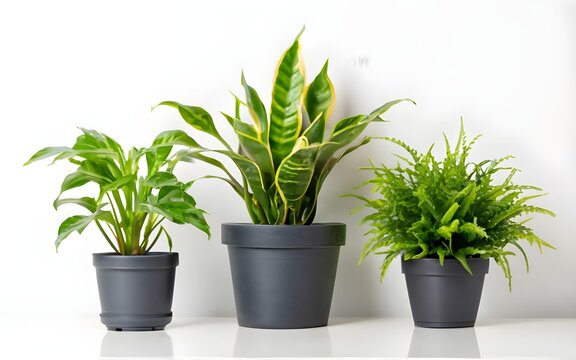 House plants in black pot in a row isolated on white background
