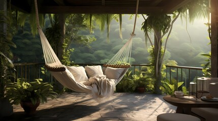 Veranda serenity with a comfortable hammock, woven furniture, and a soft color palette, surrounded by lush greenery