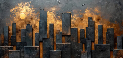 Generative AI, Black and golden painted cityscape, impasto textured style, dark gothic landscape