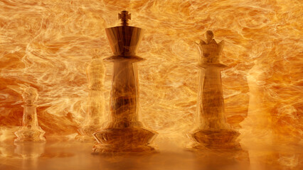 Glass king and queen chess on a glass floor on blur burning chess board (3D Rendering)