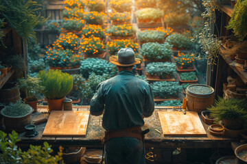 Man Standing in Front of Greenhouse Filled With Plants. A man stands in front of a greenhouse packed with various species of plants - obrazy, fototapety, plakaty