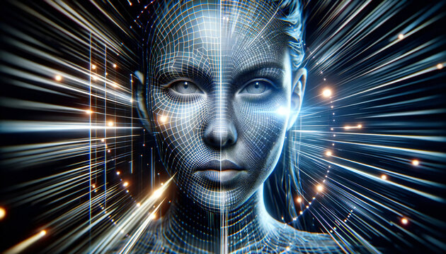 Face ID, futuristic image depicting the process of 3D face scanning. The scene should showcase a human face being, Created by using generative AI tools	
