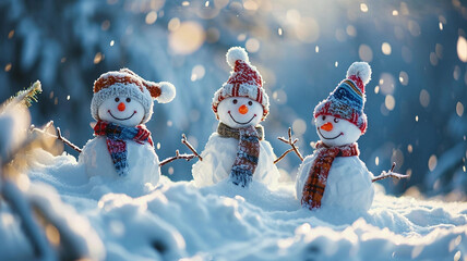 Snowman family in red hats and scarves standing in the snow