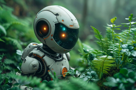 Glowing-eyed Robot Standing in Forest. A robot with glowing eyes stands among the trees in a dense forest.