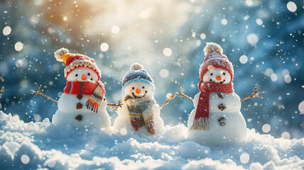Snowman family in red hat and scarf on snowy background. 