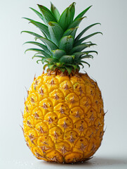 Pineapple Sitting on White Table. A pineapple, with its spiky green leaves and golden yellow skin, sits on top of a simple white table.