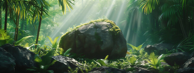 a boulder with jungle background in
