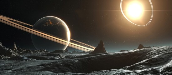 3D rendering of planets with shining rings on their surfaces